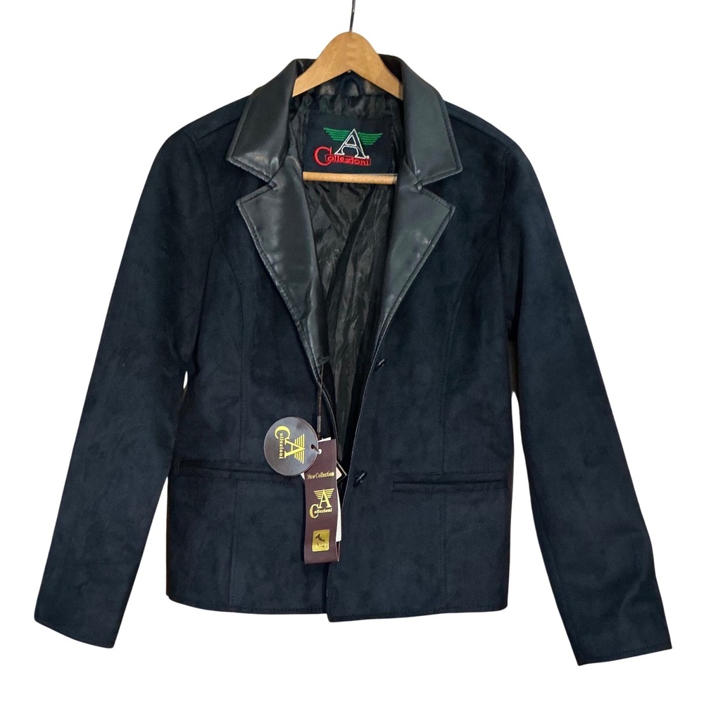 NWT A Collezioni Italian Style Womens Black Blazer Faux‎ Suede/Leather Chic SzM